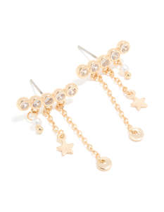 Star Earrings: Gold Cubic Zirconia Long Stud Pearl & Star Charm Earrings