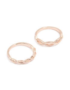 Rose Gold: Rose Gold Cubic Zirconia Woven Stacking Rings 2-Pack