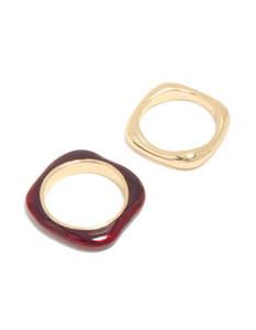 Bands: Gold Plated & Burgundy Square Band Rings 2-Pack