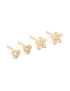 Kids Gold Plated Surgical Steel Cubic Zirconia Flower & Heart Stud Earrings 2-Pack