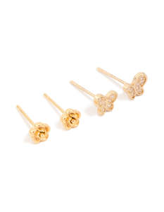 Kids Gold Plated Surgical Steel Rose & Butterfly Stud Earrings 2-Pack