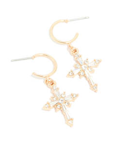 Cross Earrings: Gold Diamante Gothic Cross Open Huggie Earrings