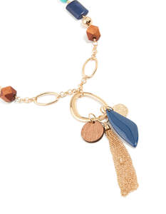 Long Necklaces: Gold Brown & Dark Blue Beaded Fringe Long Necklace