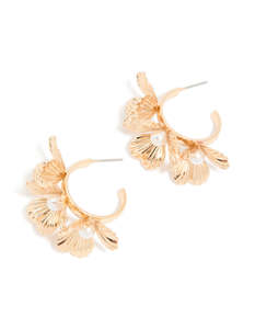 Pearl Earrings: Gold Pearl 3D Flower Hoop Earrings