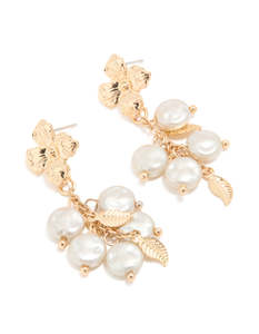 Pearl Earrings: Gold White Pearlised Flower Drop Earrings