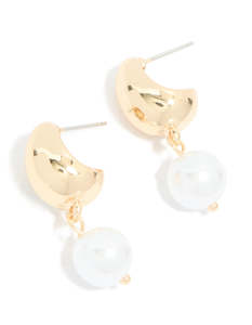 Gold Pearl Drop Open Huggie Earrings