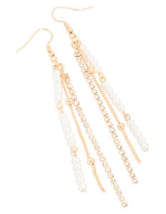Pearl Earrings: Gold Pearl Station & Diamante Cup Chain Drop Earrings