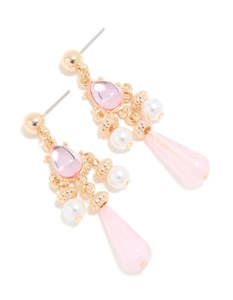 Pearl Earrings: Gold Pink Diamante & Pearl Layered Drop Earrings