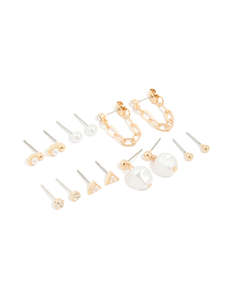 Pearl Earrings: Gold Pearl Chain Drop & Stud Earrings 7-Pack