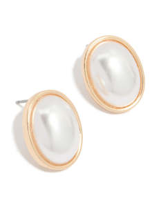 Pearl Earrings: Gold Oval Pearl Stud Earrings