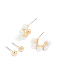 Pearl Earrings: Gold Pearl Huggie & Ball Stud Earrings 2-Pack
