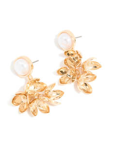 Pearl Earrings: Gold Pearl Leaf Drop Earrings