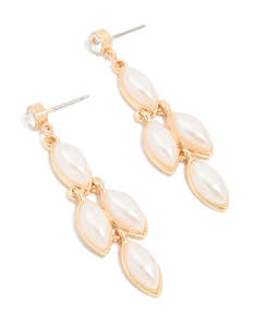 Pearl Earrings: Gold Diamante & Pearl Dangle Drop Earrings