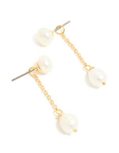 Pearl Earrings: Gold Plated Double Freshwater Pearl Drop Stud Earrings