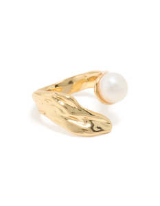White: Gold Plated Pearl Open Textured Ring