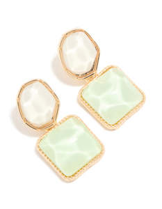 White: Gold White & Green Organic Stone Round & Square Drop Earrings