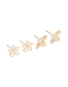 White: Gold Flower & Bee Stud Earrings 2-Pack