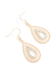 White: Gold Diamante Teardrop Filigree Drop Earrings