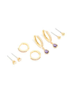 Gold Plated Brass Amethyst Cubic Zirconia February Birthstone Earrings 4-Pack