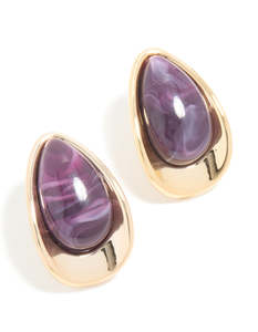 Purple: Gold Purple Beaded Pear Stud Earrings
