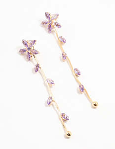 Purple: Gold Purple Cubic Zirconia Flower Vine Drop Earrings