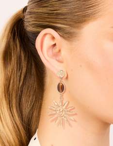 Gold Brown Stone & Large Swirly Sun Drop Earrings