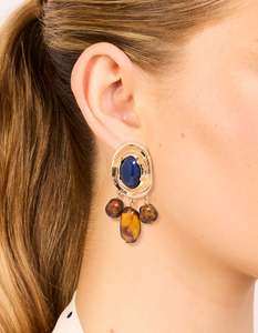 Neutrals: Gold Dark Blue Acrylic & Brown Beaded Medallion Drop Earrings