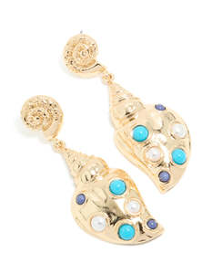 Blue: Gold Shell & Blue White Dotted Drop Earrings