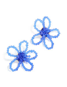 Dark Blue Beaded Flower Outline Stud Earrings