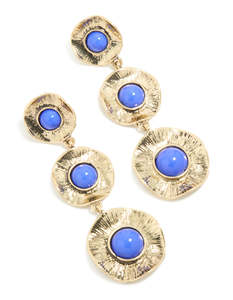 Blue: Antique Gold Textured Triple Blue Stone Layered Drop Earrings