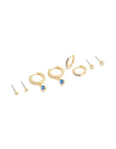 Blue: Gold Plated Brass Sapphire Cubic Zirconia September Birthstone Earrings 4-Pack