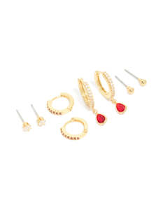 Cubic Zirconia Earrings: Gold Plated Brass Garnet Cubic Zirconia January Birthstone Earrings 4-Pack