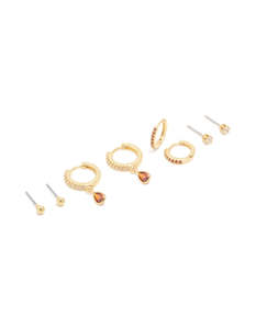 Gold Plated Brass Ruby Cubic Zirconia July Birthstone Earrings 4-Pack