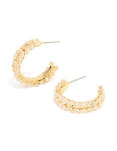 Cubic Zirconia Earrings: Gold Plated Cubic Zirconia Medium Leaf Hoop Earrings