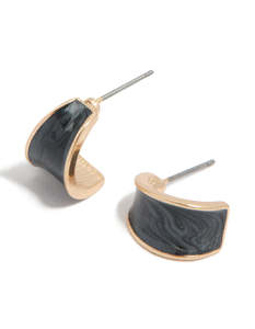 Statement Earrings: Gold Black Curved Shiny Open Hoop Earrings