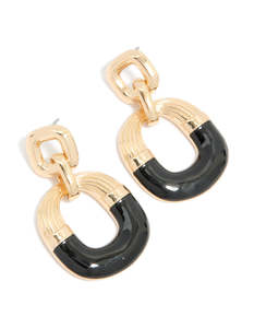 Statement Earrings: Gold Ribbed Square Black Dipped Drop Earrings