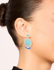Statement Earrings: Gold Blue Enamel & Blue Beaded Round Drop Earrings