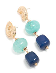 Gold Shell & Blue Beaded Drop Earrings