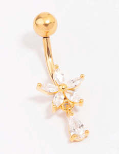 Gold Plated Titanium Cubic Zirconia Flower Pear Threadless Belly Bar