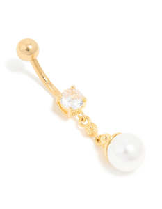 Gold Plated Surgical Steel Pearl & Cubic Zirconia Belly Bar