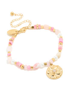 Waterproof Gold Plated Stainless Steel Rose Quartz Semi Precious Coin Bracelet