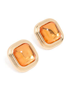 Orange: Gold Orange Diamante Square Stud Earrings