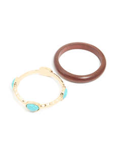 Gold Turquoise Stone & Wood Bangles 2-Pack