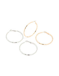 Red Earrings: Gold & Sillver Thin Textured Hoop Earrings 2-Pack