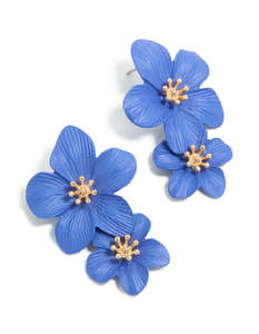 Red Earrings: Dark Blue Double Layered Flower Drop Earrings