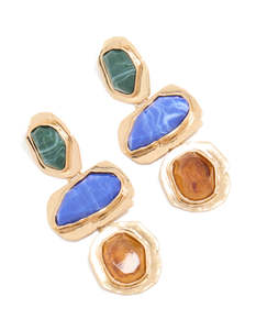 Red Earrings: Worn Gold Blue & Green Acrylic Triple Layered Drop Earrings