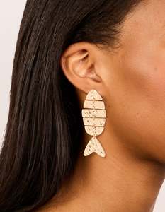 Red Earrings: Gold Hammered Fish Drop Earrings