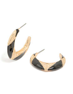 Red Earrings: Gold Textured & Black Resin Hoop Earrings