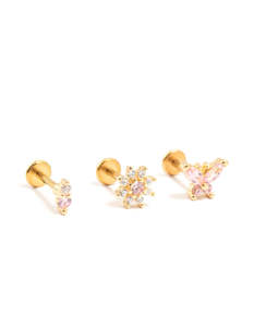 Gold Earrings: Gold Plated Surgical Steel Butterfly & Flower Flat Backs 3-Pack