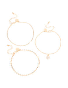 Gold Cubic Zirconia Tennis, Chain & Heart Anklets 3-Pack
